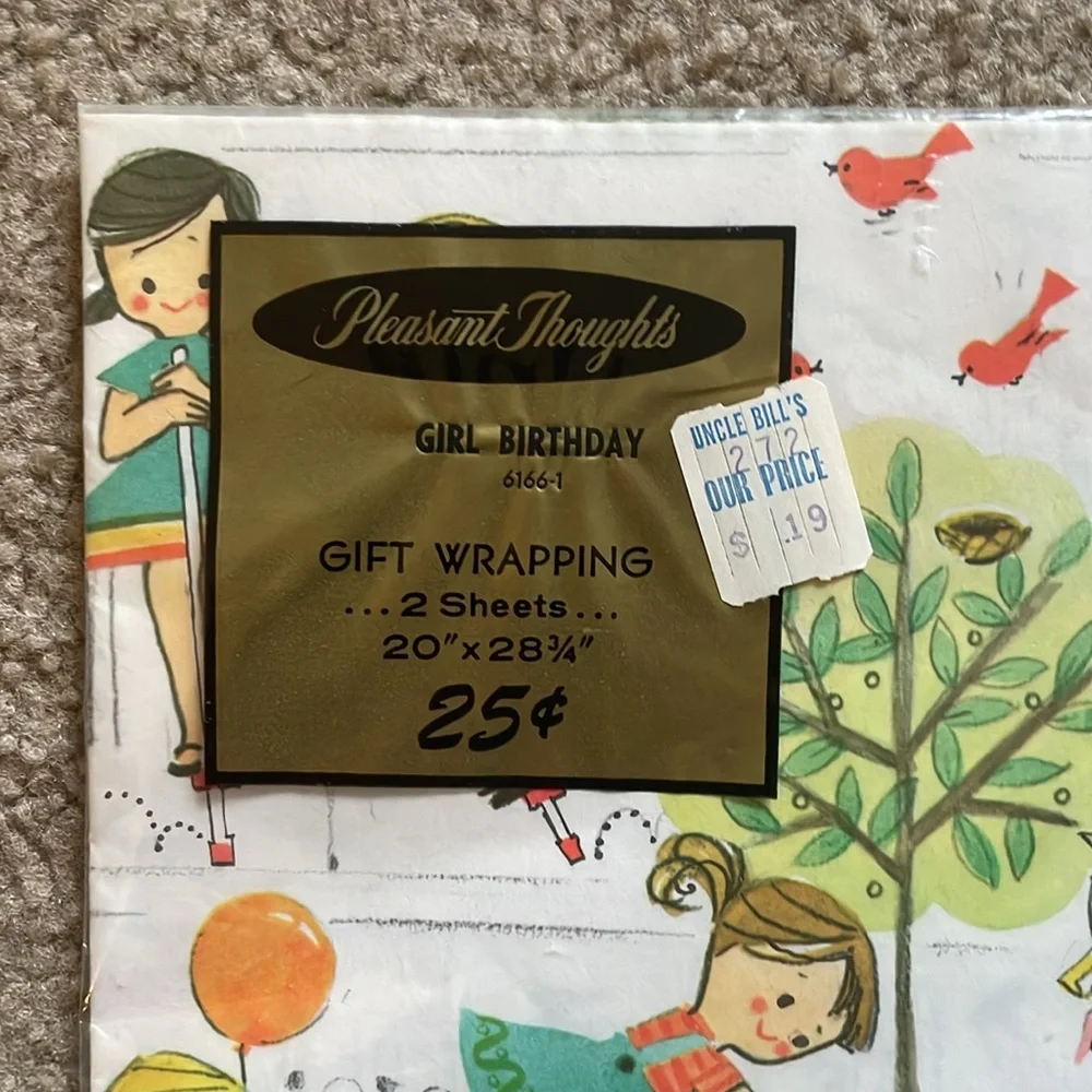 Vintage Pleasant Thoughts Girl Birthday Gift Wrapping - Two Sheets